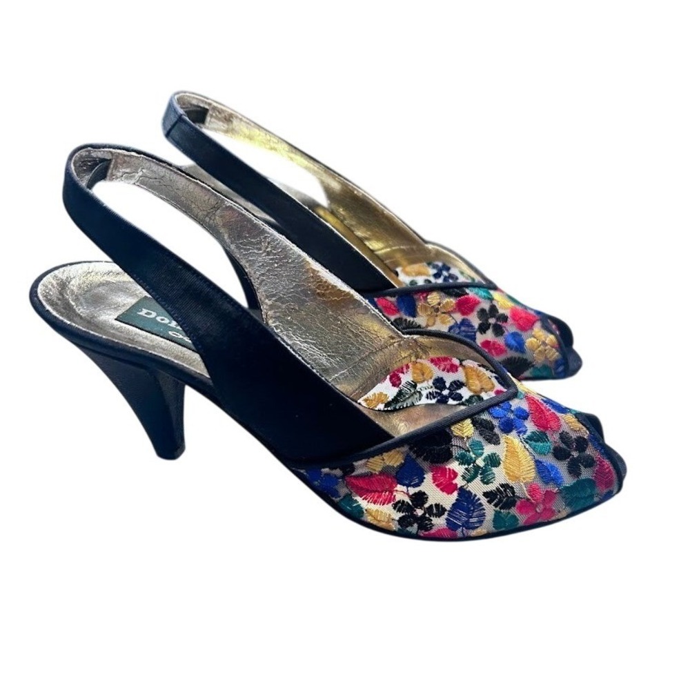 Dominique Vintage Italian Embroidered Floral Mesh Peep Toe Slingback Heels 38